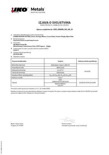IZJAVA O SVOJSTVIMA: Classic, Heritage, Milano, Corona Shake, Senator Shingle, Alpine Slate
